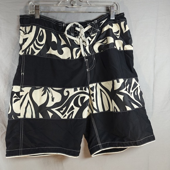 Speedo Men's Black & White Tropical Swim Trunks Mesh Lined Drawstring Waist Med - Picture 1 of 13
